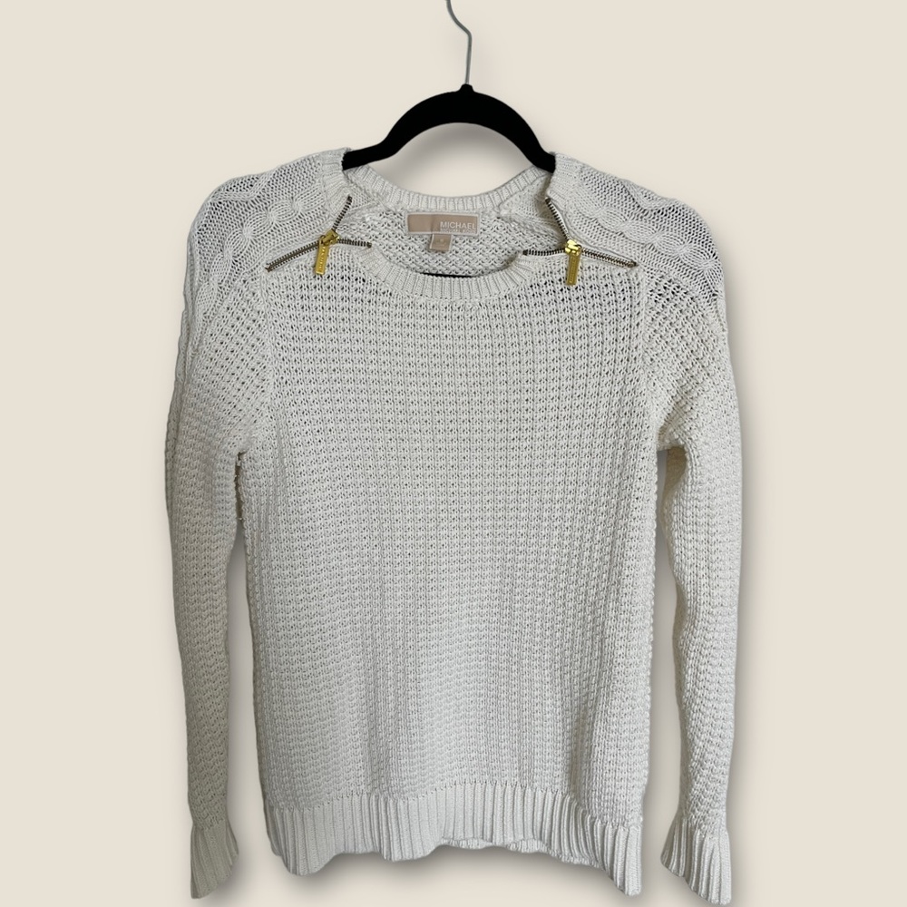 Michael Kors Sweater Pullover Women's S White Gold Zippers‎ KNIT EXCELLENT